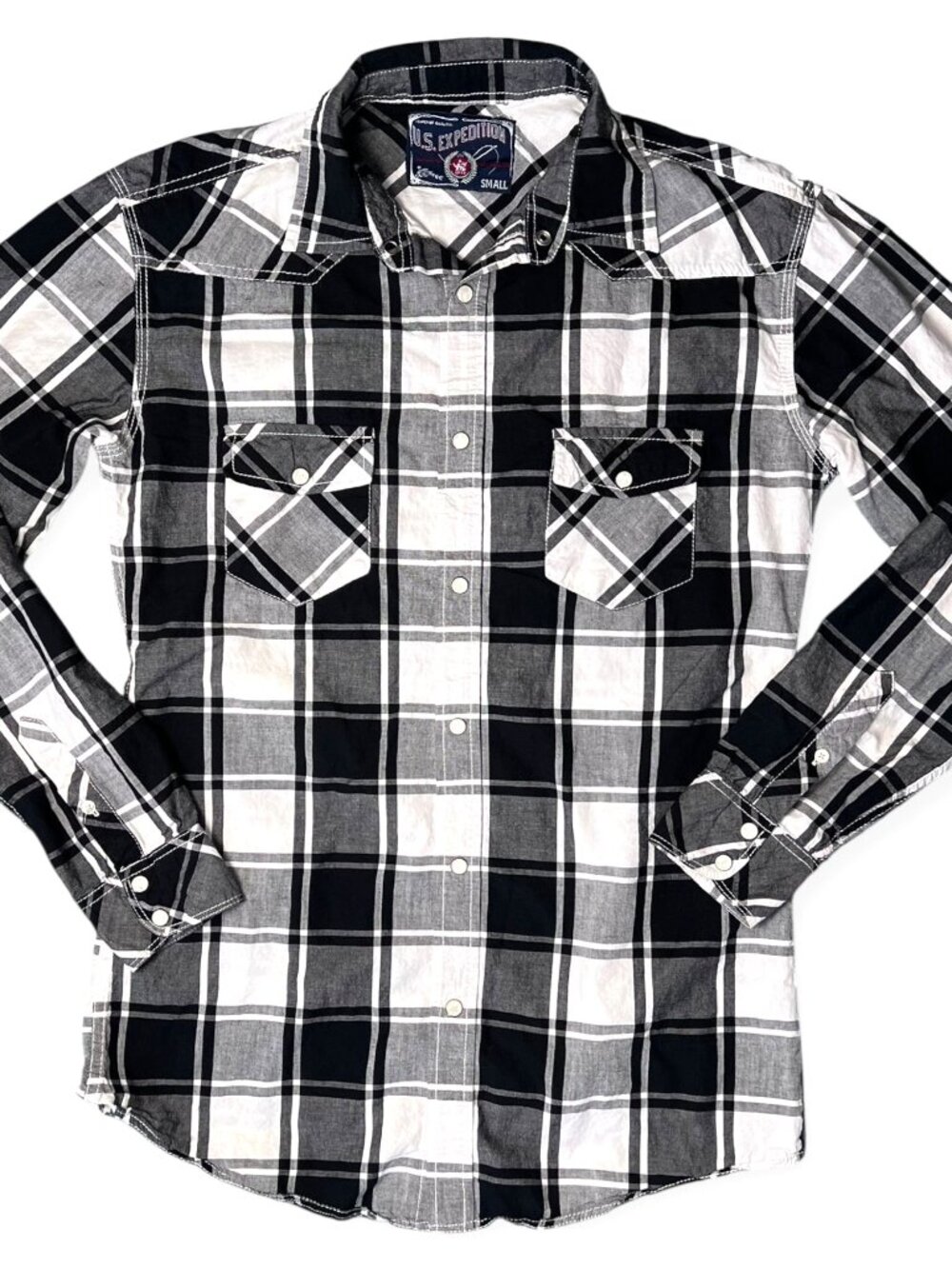 US Expedition Plaid Shirt Black White Western Long Sleeve Size Small